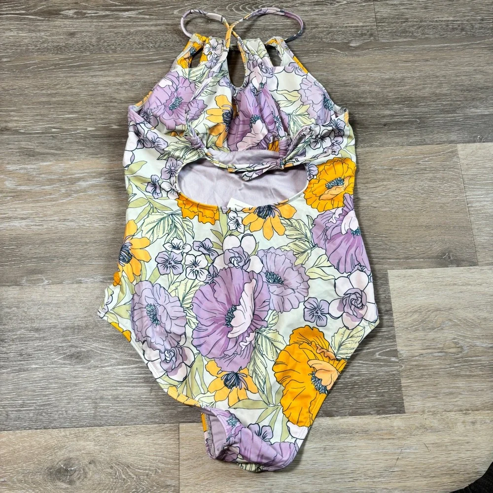 Cupshe Womens‎ Floral High Neck One Piece Swimsuit Lavender Yellow Small